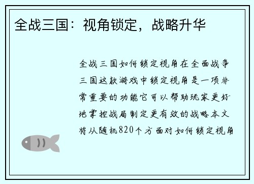 全战三国：视角锁定，战略升华